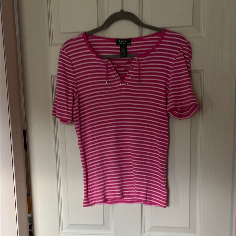 Lauren Ralph Lauren Pink and Black Ribbed Polo Tee